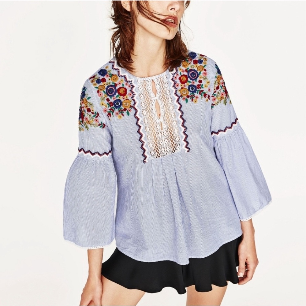 ZARA top lace embroidered blouse bell sleeve blue size S